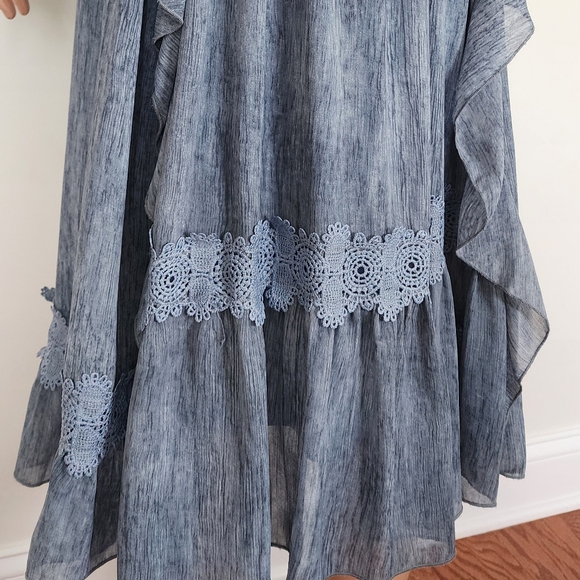 BLUE DRESS MOON RIVER RUFFLES V-NECK OPEN SLEEVES CINCHED WAIST MIDI FULL SKIRT - Picture 4 of 16